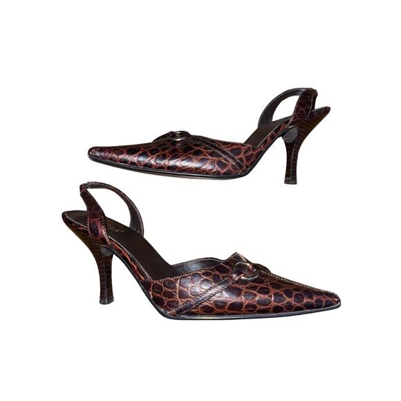 Vintage Prima Cavie Dark Brown Croco Leather Slingback Heel Pump Size 6.5 - Picture 1 of 6